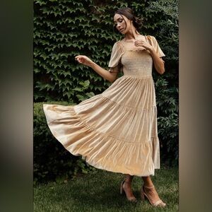 Baltic Born Vivaldi Smocked Velvet Midi Dress Size Medium French Gold Tiered